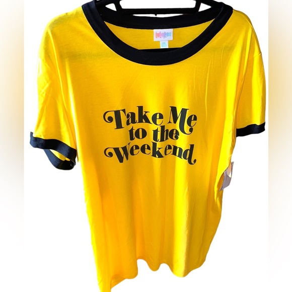 Lularoe 2X yellow with black trim Liv graphic T. NWT “Take me to the weekend” - Picture 1 of 7
